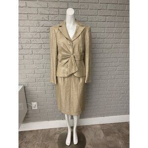 Victor Costa Women Gold Crinkle Pleaded Detail Skirt Suit Size 6J/4S